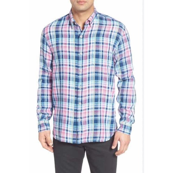 Tommy Bahama Other - Tommy Bahama Mens Linen Romario Plaid Long Sleeve Shirt Bering Pink Blue Sz XL